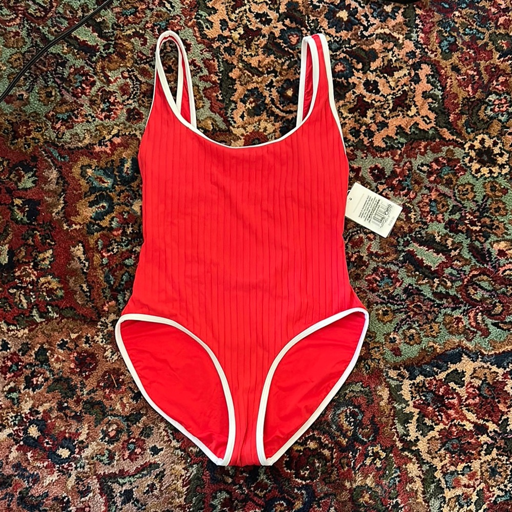 Solid & Striped Red One-Piece Swimsuit with White Trim